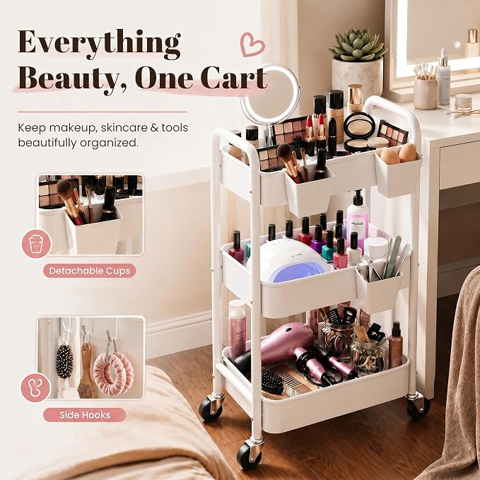 3 Tier Rolling Cart Metal with Wheels, White Three Tiered Craft Cart Organizer on Wheels, Storage Utility Carts for Art, Baby Nursery,Diaper Caddy, Cleaning Supplies, Nail,Lash,Snack,Book,Roller Shelf