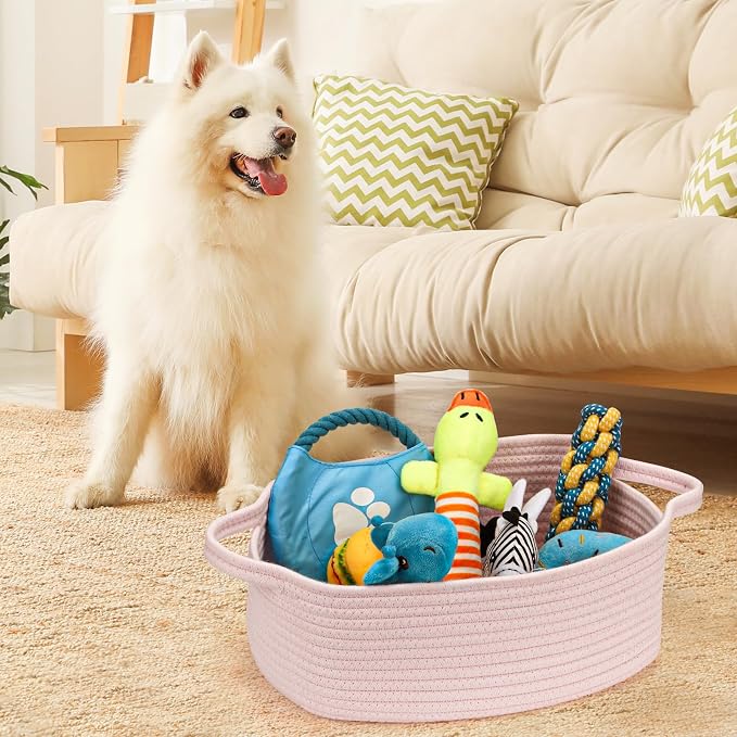 Small Woven Cotton Rope Basket Cute Baby Gift Baskets Empty Decorative Storage for Organizing Shelves Closet Baby Nursery Basket Bin Toy Storage Basket Organizer 13.7"x10.2"x5" Pink Easter