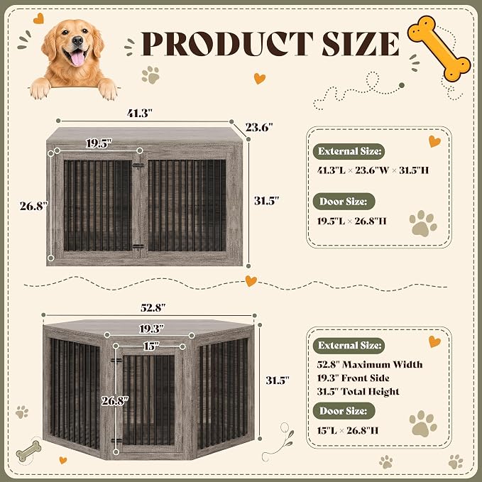 AMERLIFE Corner Dog Crate Furniture for Medium/Large Dogs Space-Saving | 3-in-1 Dog Kennel with Storage and Divider, Heavy Duty Large Cage, Grey