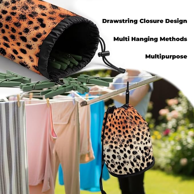 Leopard Print Clothespin Holder Bag Drawstring, Portable Laundry Peg Organizer Pouch, Storage for Clips with Hanging Feature, Ideal for Drying Rack, Camping, RV
