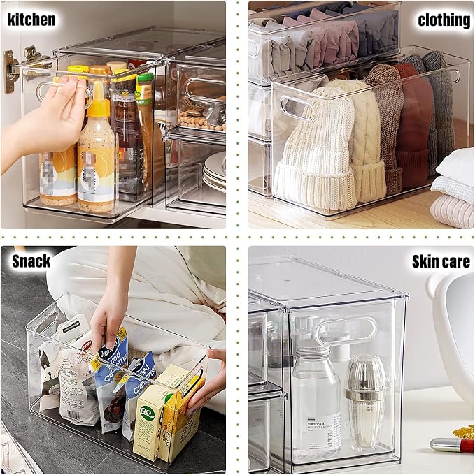 9.5QT Refrigerator Organizer Fridge Storage Bin with Pull-out Drawer, Large | Plastic Fridge Organizers with Handle, Stackable Fruit Vegetable Storage Containers for Kitchen Bathroom Pantry, Under Sink