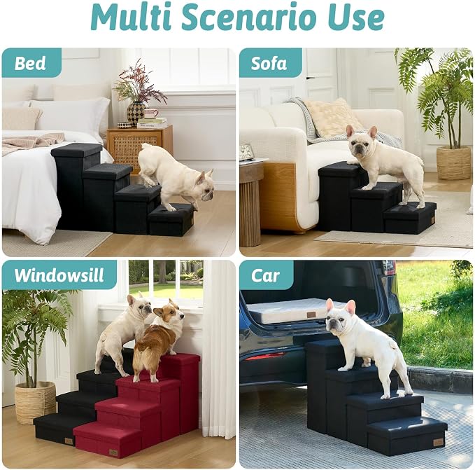 Dog Stairs with Storage, 3-Step Wider Sturdy Dog Steps for Small/Medium/Large Dogs and Older Cats, Folding Doggie Ramp for Bed/Couch/Car Hold Up to 180 lbs (16.7" H, Black)