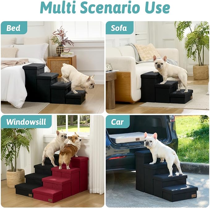 Dog Stairs with Storage, 4-Step Wider Sturdy Dog Steps for Small/Medium/Large Dogs and Older Cats, Folding Doggie Ramp for Bed/Couch/Car Hold Up to 180 lbs (22" H, Black)