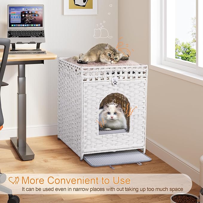 Snughome Cat Litter Box Enclosure Furniture Hidden with Litter Mat, Hidden Washroom Furniture with Door, Handwoven Rattan Cat Washroom Box, Indoor Pet House for Living Room, Bedroom(White)
