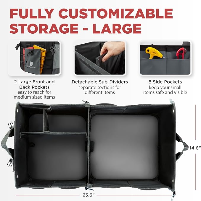 Car Cargo Organizer for SUV, Truck & Auto Storage, Gift, Grey, Large | Fits Cars, SUVs & Trucks • 4 Adjustable Compartments • Non-Slip Base & Straps • Foldable • 11 Pockets • Gift