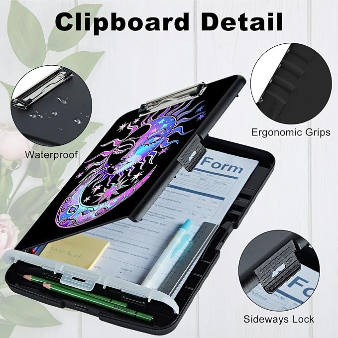 Purple Moon Sun A4 Clipboard with Storage Pen Holder, Clipboards Organizer Nursing Clipboard Foldable File Folder Plastic Clipboard Folio Clip Board for Office Students Classroom Doctor