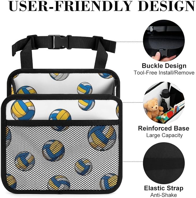 Car Seat Back Organizer Pu Leather Vehicle Backseat Storage Box, Yellow | Blue White Volleyball, Auto Hanging Pouch with Adjustable Strap PU Leather Trash Bags Travel Accessories
