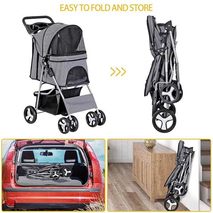4 Wheels Dog Stroller Folding Pet Strolling Cart for Small Medium Cats Puppies Portable Jogger Travel Camping Puppy Carrier with Storage Basket Cup Holder, Gray