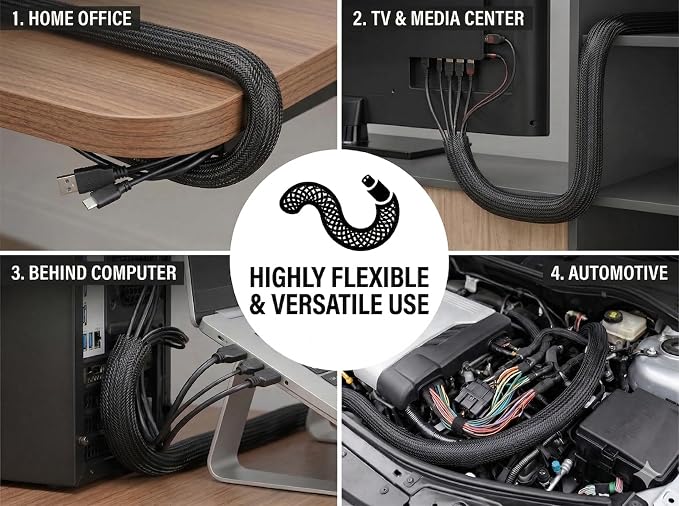 1/4 inch Split Cable Sleeve - 6.5ft Cord Protector Wire Loom Tubing (Black - 1/2 inch x 6.5ft)