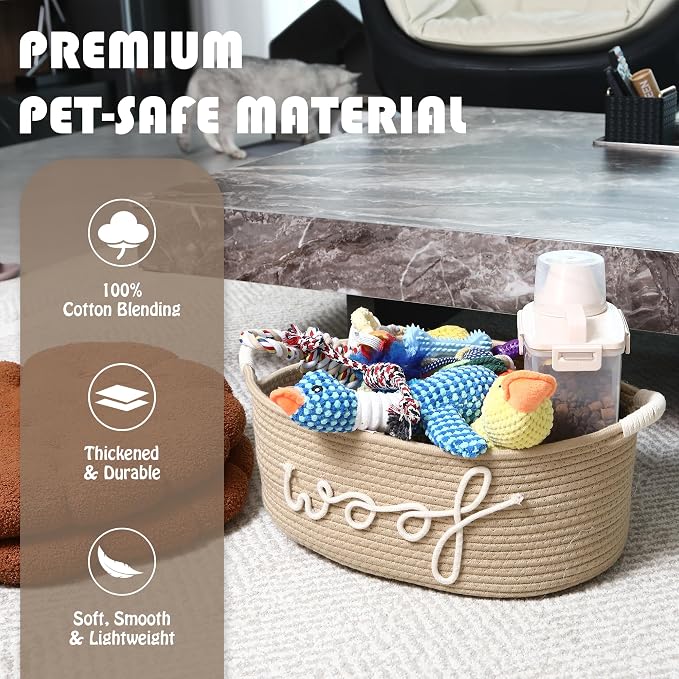 Sea Team Dog Toy Storage Basket with Handles, Beige Woof | Large Cotton Rope Storage Bin, Shelf Basket, Organizer for Pet Chew Toys, Foods, 16.5 x 11 x 7 Inches, 4.4 Gallons