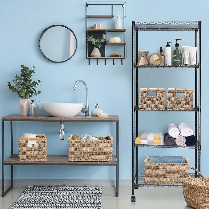 JS HANGER Seagrass Storage Baskets, Handwoven Wicker Shelf Baskets Bin for Organizing Decorative Wicker Baskets with Wooden Handles,12.6"L x 7.9"W x 7.1"H, 2-Pack