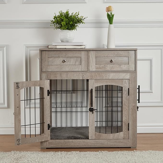 Dog Crate Furniture with 3 Doors,39.4" Large Dog Crate with 2 Drawer & Cushion,Wooden Dog House Kennel for Medium/Large Dog (31.5" l×23.6" w×32.1" h)