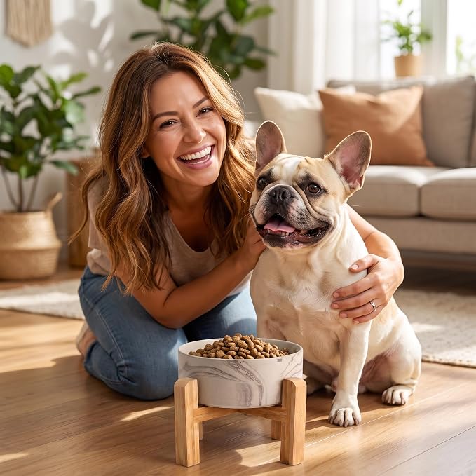hjn Elevated Ceramic Dog Bowl with Bamboo Stand, Raised Pet Feeding Station for Small Medium Dogs Cats, Modern Design with Anti-Slip Base (Marble Brown, 3.6Cup)