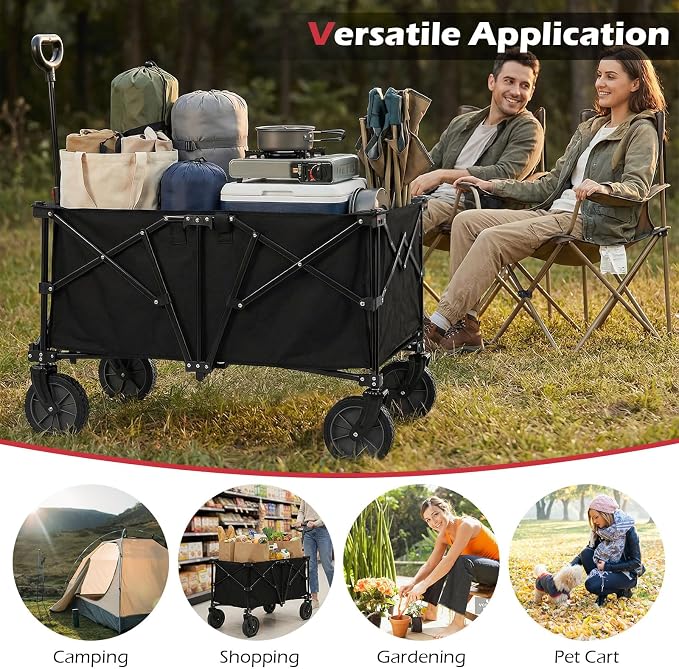 Goplus 38" Collapsible Wagon Cart, 400 LBS Heavy-Duty Foldable Beach Wagon with All-Terrain Wheels & 2 Cup Holders, 180 L Portable Utility Cart with Adjustable Handle for Camping, Shopping