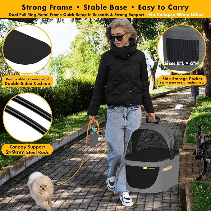 PAWZIDEA Pet Stroller 4-in-1, Foldable Cat Stroller with Detachable Carrier | Escape-Proof No-Zip Canopy, Portable Travel Crate & Car Seat Combo, for Small to Medium Dogs & Cats up 33 lbs, Storage Basket