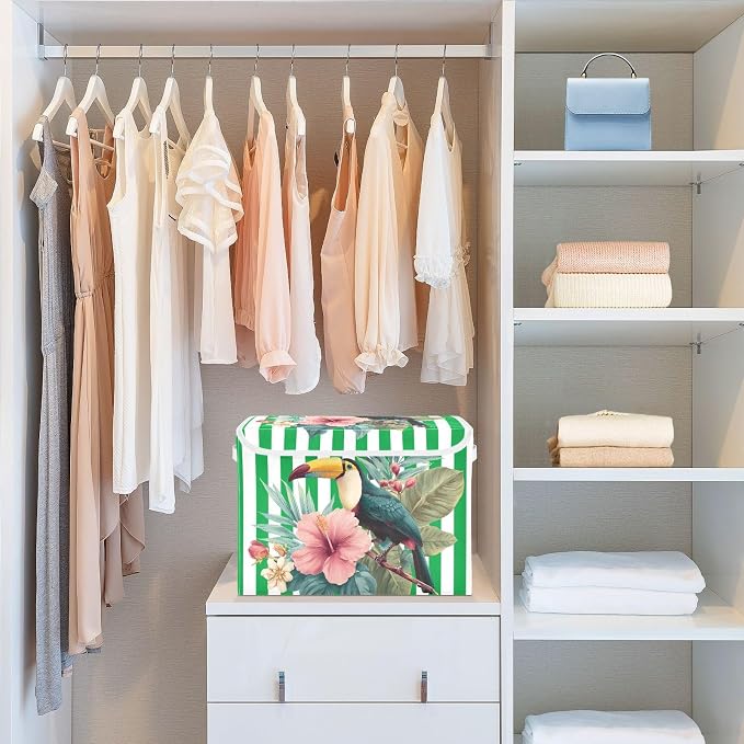 Fabric Storage Bins with Lid Floral Bird Foldable Storage Boxes 40L Baskets | Decorative Storage Boxes, Dust-Proof Flip Top, Reinforced Handles, For Home & Bedroom, Clothes & Toy Box, Flower Fabric Print