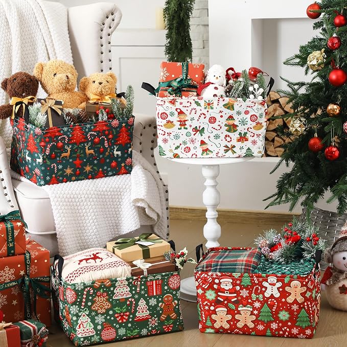 4pcs Christmas Storage Basket Fabric Laundry Baskets with Handle Xmas Foldable Organizer Boxes for Office Home Baby Cloth Toy Book 15 x 10 x 8(Retro)