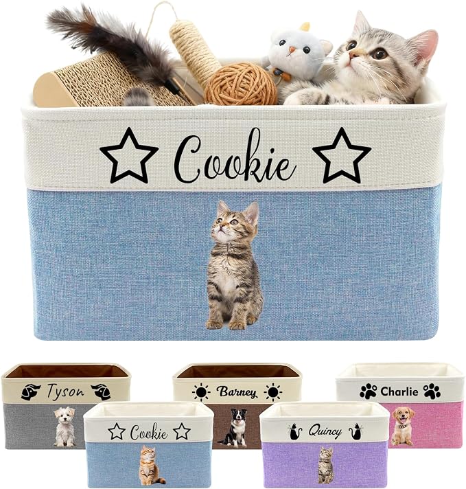 Personalized Dog Toy Basket with Name Photo Custom Dog Food Storage Bins Collapsible Organizer for Toys Dolls Clothing-Blue