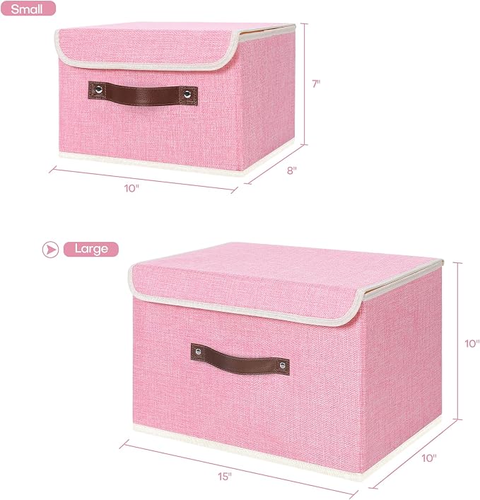 ANMINY Fabric Storage Box Bins with Lids, Pink, 15"x10"x10", 2 Pack | Keepsake Memory Storage, Cotton Linen, PP Board Reinforced, Washable, PU Handles, Foldable & Stackable, Decorative, Large
