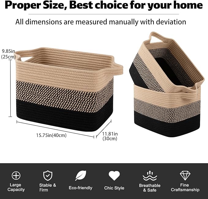 OIAHOMY Woven Storage Basket, Cotton Rope Baskets for Toys,Towel, Clothes, Used to Bathroom,Living Room,Nursery,Bedroom, 16"x12"x10"- Pack of 3, Black & Brown