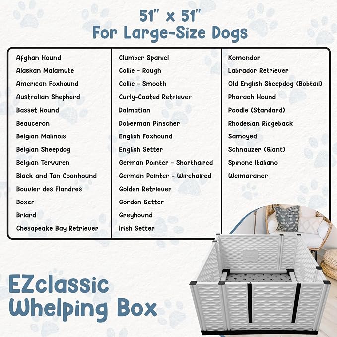 EZclassic 48x48x28 in Whelping Box for Breeders, Durable & Portable | Tall 48x48x28 breeder whelping box with high walls, durable customizable panels, quick setup, and easy cleaning