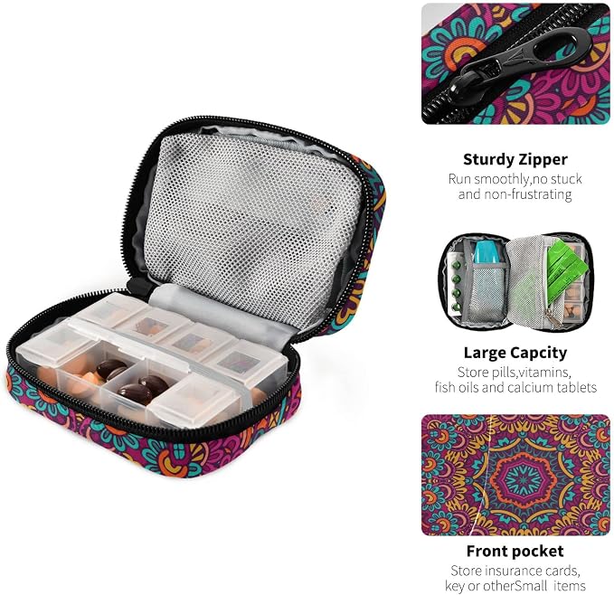 Tribal Mandala Pill Case, Cute Weekly Portable Pill Bag Container 7 Days Pill Box Organizer Vitamin Supplement Holder with Zipper for Travel Family Business