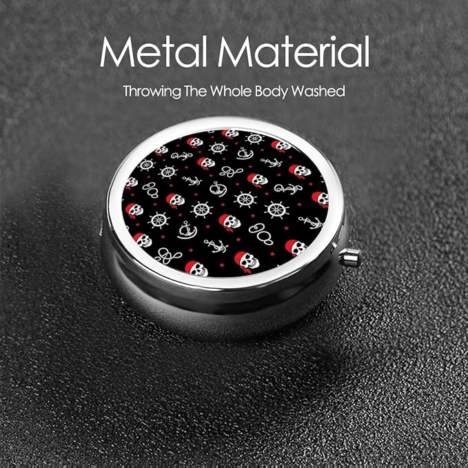 Round Pill Container, 3-Compartment Mini Organizer, Sturdy Metal Case for Medicine, Travel Pill Holder Purse Pocket Essential, Nautical Anchor Pirate Skulls Crossbones