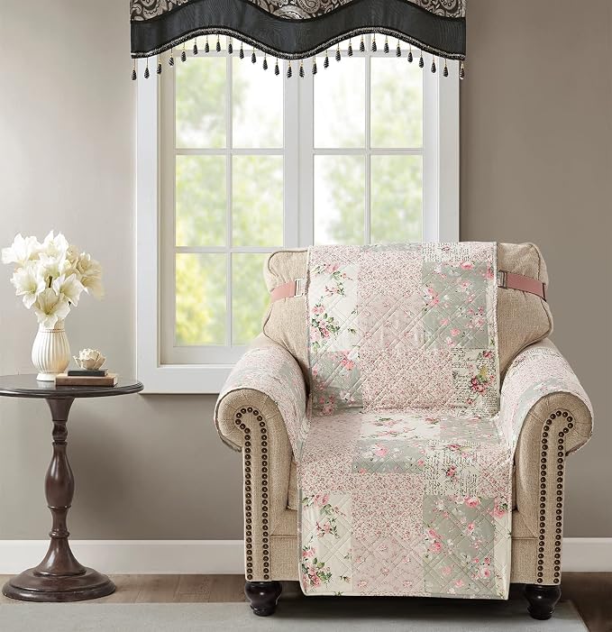 Brilliant Sunshine Soft Pink Roses & Sages Couch Armchair Cover, 23" seat | Quilted Sofa Cover, Living Room & Bedroom Furniture Protector, Washable Chair Slipcover for Pets, Dogs & Cats