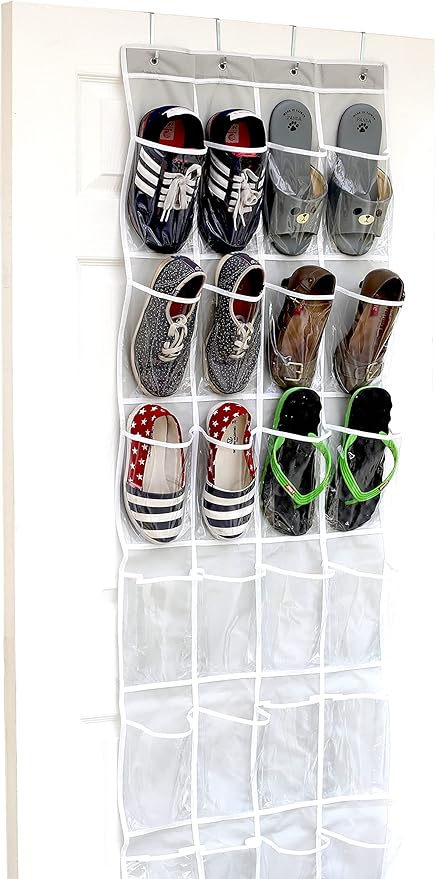 Simple Houseware 24 Pockets Clear Over the Door Shoe Organizer, Gray | 64" x 19", 4 Durable Metal Hooks, 4.3" x 9.5" Pocket Size, Multipurpose