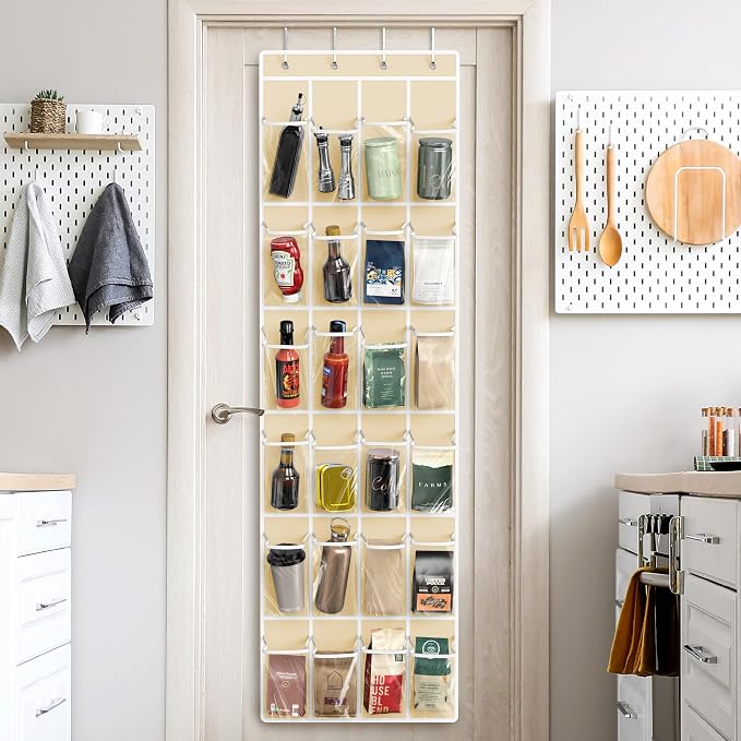 Simple Houseware 24 Pockets Clear Over the Door Shoe Organizer, Beige | 64" x 19", 4 Durable Metal Hooks, 4.3" x 9.5" Pocket Size, Multipurpose