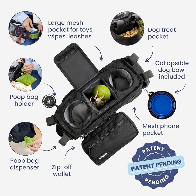 Dog Stroller Caddy Organizer with 2 Insulated Cup Holders & Treat Pocket | Poop Bag Dispenser, Treat Pocket, Collapsible Water Bowl, Zip-Off Wallet, Non-Slip Fit for 14-19" Handlebars, Black