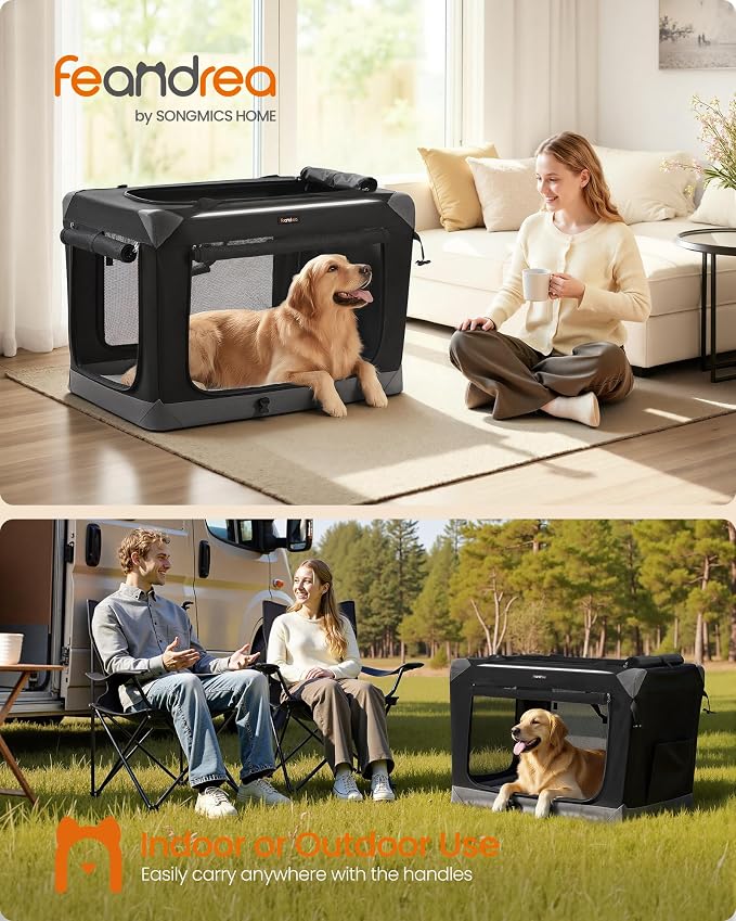 Feandrea Collapsible Dog Crate, Portable Oxford Fabric Pet Travel Crate with 4 Mesh Doors, Handles, Pocket, 36 Inches, for Large Dogs, Ink Black and Dove Gray UPDC029BH01