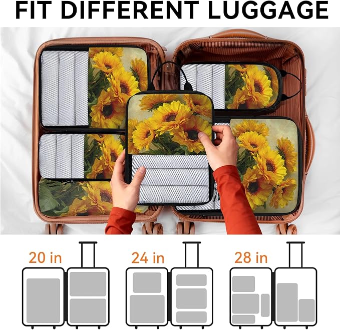 TropicalLife Sunflower Floral 6 Set Compression Packing Cubes | Compressible Expandable Luggage Suitcase Organizer Bags Space Saver Bags for Carry on