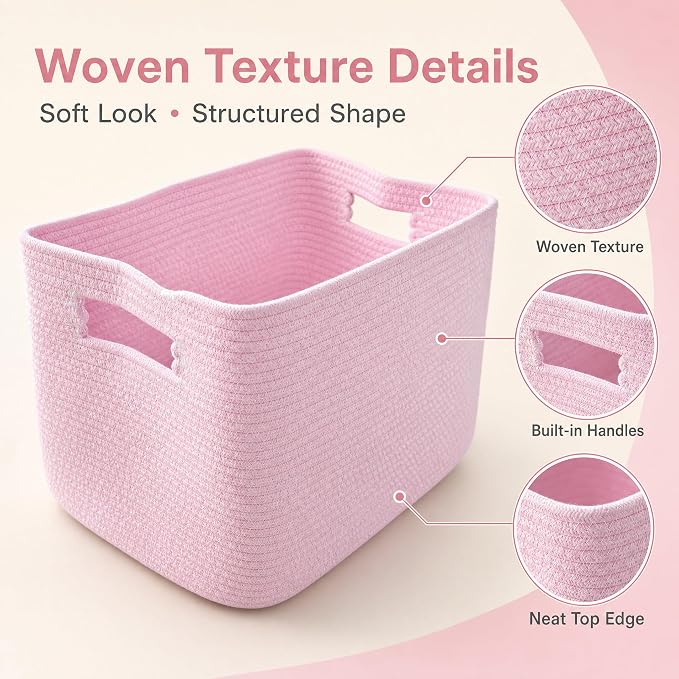 Cotton Rope Laundry Basket Small, 12.8GAL Collapsible Woven Storage Baskets for Living Room Kids Toys Stuffed Animal,Boho Rectangular Decorative Short Hamper for Dirty Clothes, Blankets Light Pink