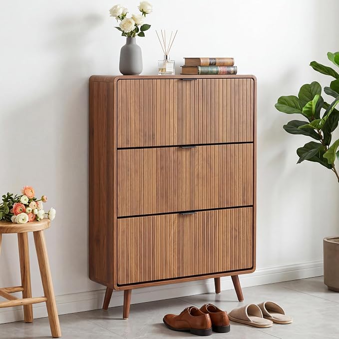 FurSch Fluted Shoe Storage Cabinet with 3 Flip Drawers, Narrow Shoe Rack Cabinet Organizer with Adjustable & Removable Shelves for Entryway (All Walnut, 3 Drawers)