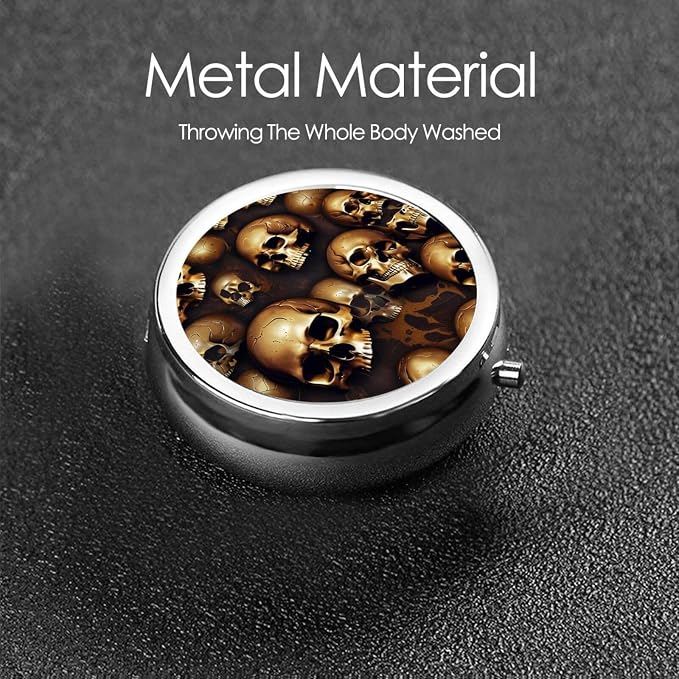 Purse Pill Case, Cool Skulls Head Mini Round Holder, Portable Organizer for Medicine, Travel Pill Box Pocket Carry for Seniors