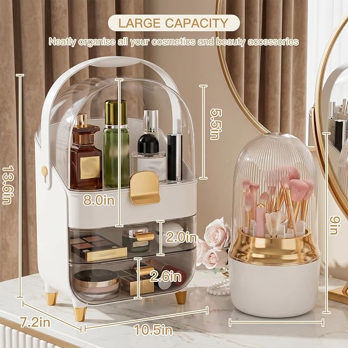 2 Piece Cream Gold Makeup Organizer Set with Dustproof Cover and 3 Drawer Cosmetic Storage Box with Handle for Brushes Perfume Lipstick Skincare Beauty Vanity Countertop Display（Rose Gold）