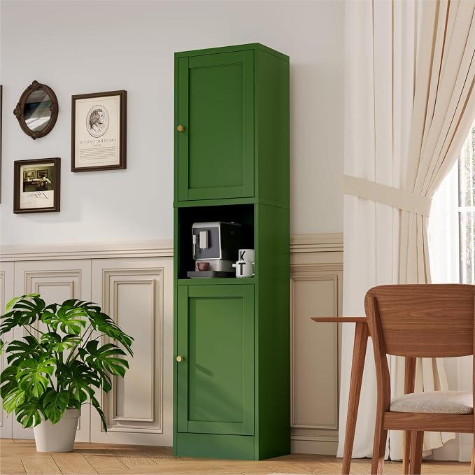 YAUWOH 2-Door Metal Storage Cabinet, Tall Slim Pantry Organizer with 3 Adjustable Shelves (120LBS/Shelf), Anti-Tipping Waterproof Cabinet for Bathroom/Kitchen/Home Office/Small Spaces,(1PC,Green)