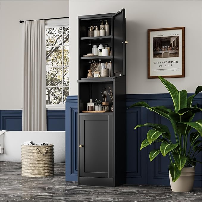 YAUWOH 2-Door Metal Storage Cabinet, Tall Slim Pantry Organizer with 3 Adjustable Shelves (120LBS/Shelf), Anti-Tipping Waterproof Cabinet for Bathroom/Kitchen/Home Office/Small Spaces, (1PC,Black)