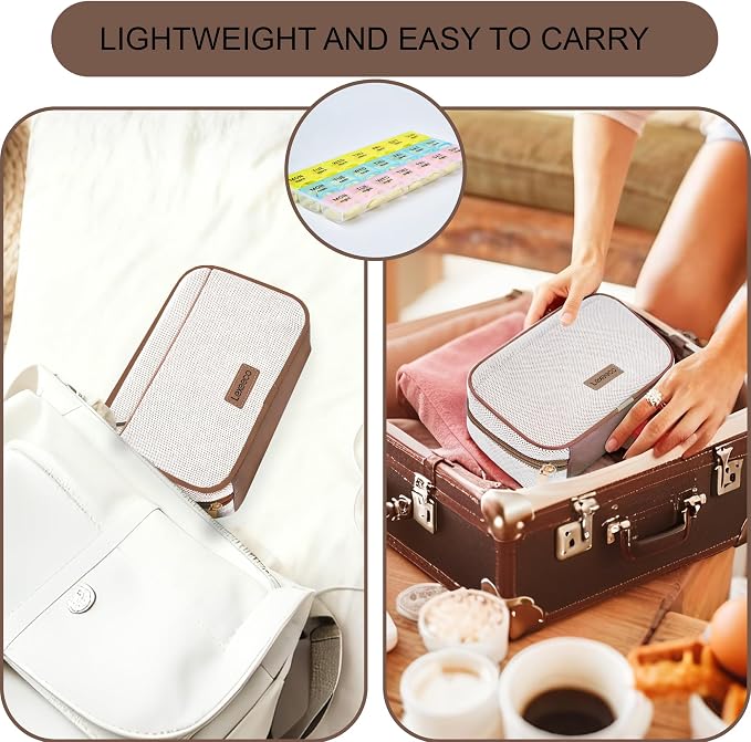 Lexeeco Travel Pill Case for Purse with Weekly Pill Organizer 3 Times a Day | Cute Am Pm Pill Box 7 Day ,Travel Medicine Organizer Pill Container Holder for Vitamins,Fish Oils,Medication,Medical Supplies