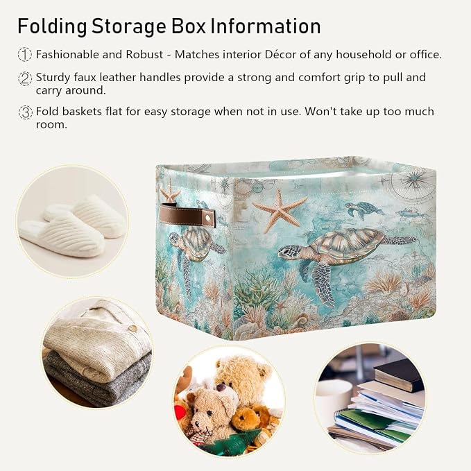 Nautical Starfish Fabric Storage Basket - Foldable, 16x12x8 Inches