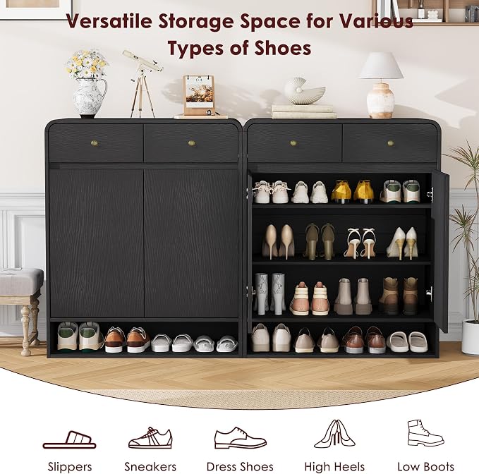 Garvee Shoe Cabinet with 2 Doors and 2 Drawers, Freestanding Wood Shoe Storage Organizer with Open Bottom Shelf, Modern Entryway Shoe Cabinet for Hallway, Foyer, Black