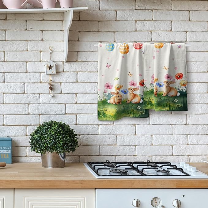 Giwawa Easter Decorative Hand Towels- Cute Bunny Rabbits Eggs Tree Towel Set of 2- Spring Watercolor Floral Face Towel Absorbent Dish Wash Cloth for Hotel Bathroom Gym Guest Home Holiday
