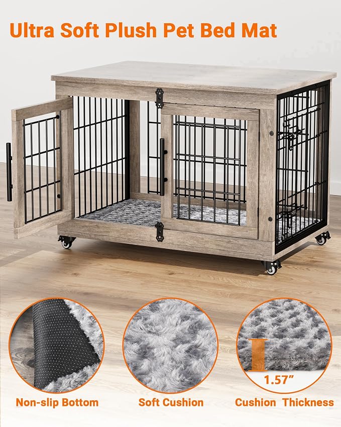 YaFiti Dog Crate Furniture, 32.5” Wooden Indoor Dog Kennel, Grey | Cushion, Wheels, Double Doors, Furniture Style, Side End Table, Decorative Pet Cage House, Up to 45 lb, for Small/Medium Dogs