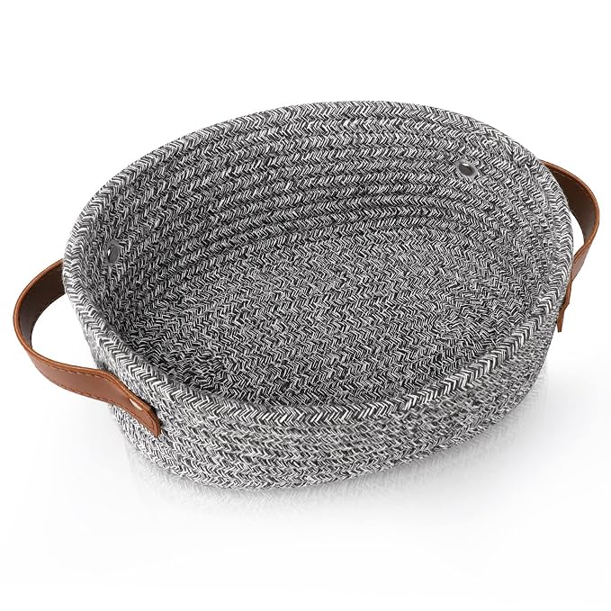 ABenkle Small Woven Basket, Mini Cotton Rope Storage Basket, Tiny Easter Basket, Shelf Basket, Oval Decorative Toy Dog Cat Basket for Nursery, Empty Gift Basket, 9.4" x 5.9" x 3.9" XS