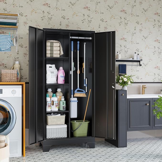 61" Metal Storage Cabinet with Lockable Doors, Cleaning Supply Cabinet with Pegboard and Hanging Rod. Garage Tool Storage Cabinets for Home, Laundry, Office, Home Kitchen Utility Cabinet