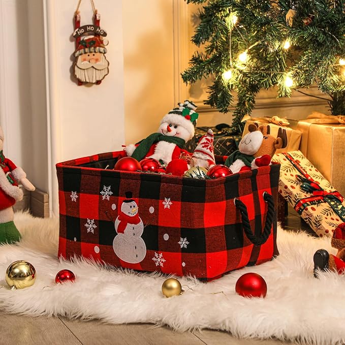 Christmas Baskets, Large Red Buffalo Plaid Collapsible Storage Basket with Handles, Empty Holiday Gift Basket for Toys, Blankets, Baby Items and Christmas Home Decorations