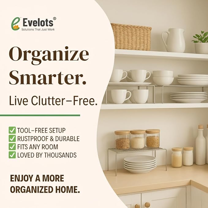 Evelots Wire Shelf Organizer Set, Large Metal Cabinet Risers, 4-Pack Chrome | Four large rustproof metal shelf organizers create extra storage space in kitchen cabinets, pantries, freezers and bathrooms.