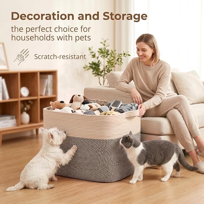 OIASKET 108L Cotton Rope Storage Basket for Living Room and Bedroom 25"x16"x16" Woven Laundry Basket, Heavy Duty Bin for Blankets, Pillows & Toys, Pet-Safe & Scratch-Free, Brown and Black