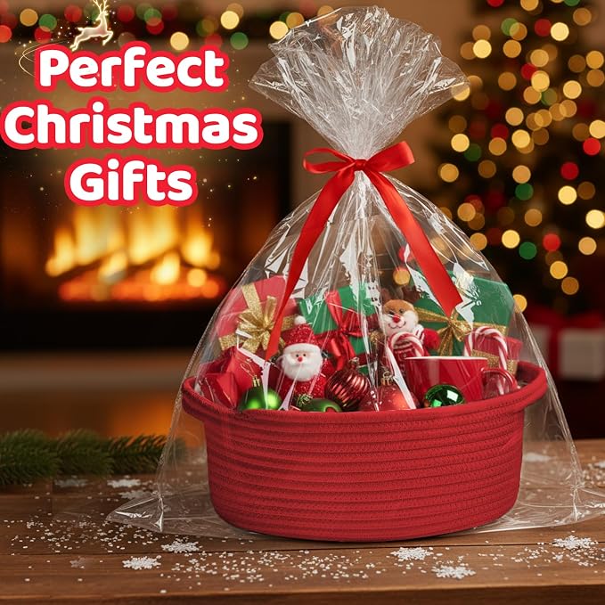 Bufims Small Woven Red Gifts Basket for Storage Empty with Ribbons and Bags Durable Cute Gifts 12"X 8" X 5" Small Rope Basket for Gifting